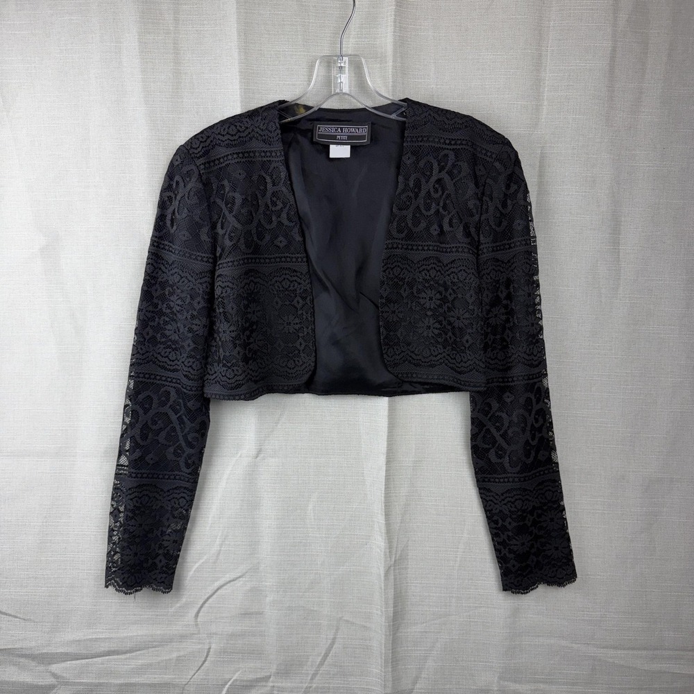 Jessica Howard Jacket Womens Petite 4 Black Lace Open Front‎ Cropped Bolero